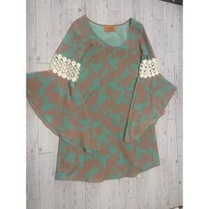 Voom by Joy Han XS Bell Sleeve Tunic Top Teal Orange Paisley